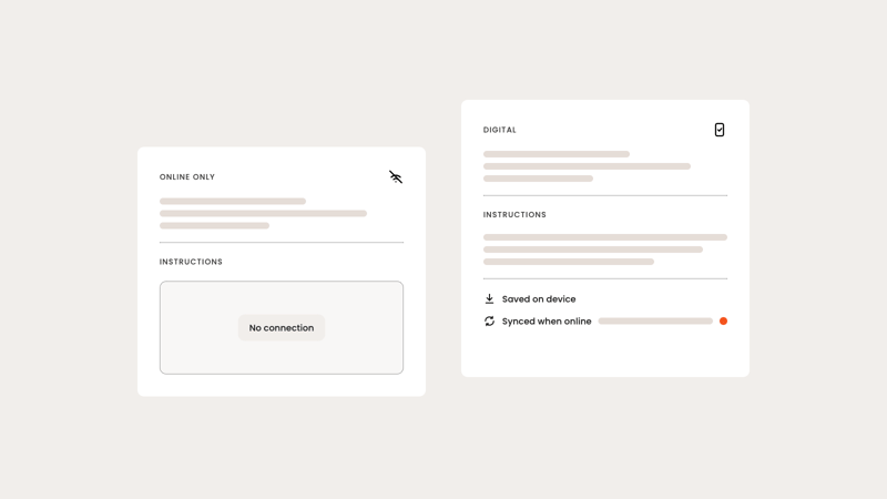 A maintenance app shown twice: online only, it fails without a connection; as a digital service, it saves work on the device and syncs later.