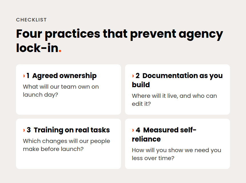 Four practices that prevent agency lock-in, each with a question to ask: agreed ownership, documentation as you build, training on real tasks during the project, and measured self-reliance.