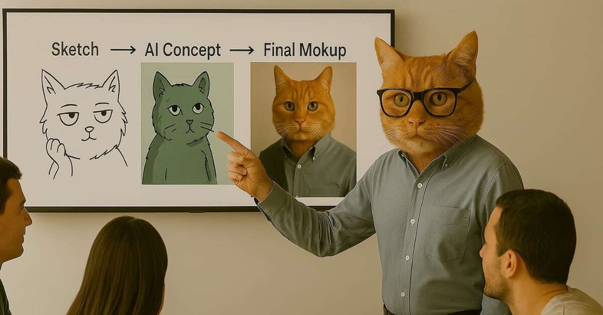 Cat-headed presenter shows a slide transforming a sketch into an AI concept and final mockup, illustrating creative AI evolution