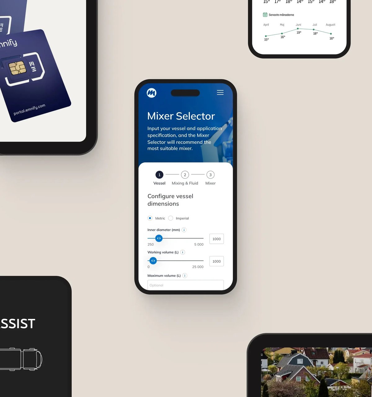 Samling av gränssnittsmodeller för mobilapp mot en ljus bakgrund, som visar ett verktyg för "Mixer Selector" med formulärinmatningar och reglage för att konfigurera kärldimensioner