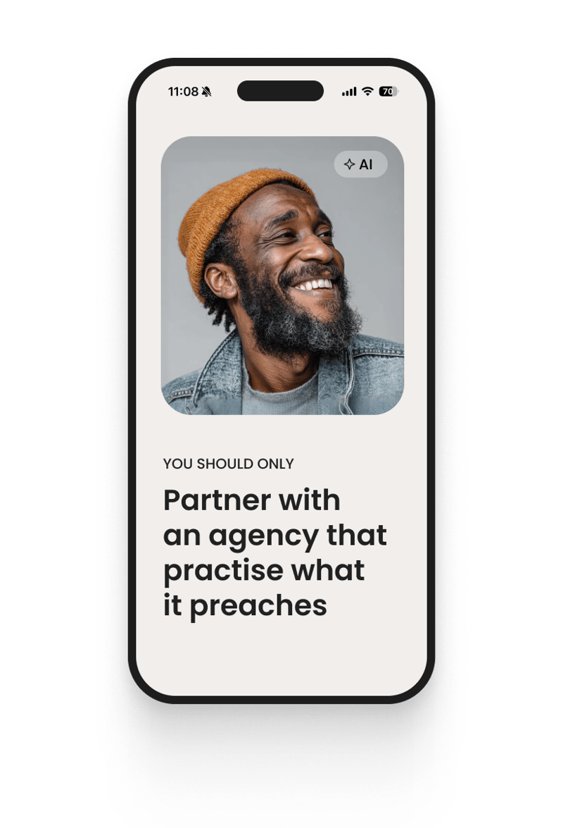 A phone mockup displays a smiling bearded man above the headline, “Partner with an agency that practices what it preaches.