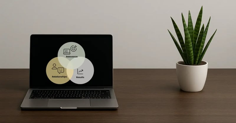 Laptop displaying a Venn diagram labeled Relevance, Relationships, and Results on a desk beside a potted plant.