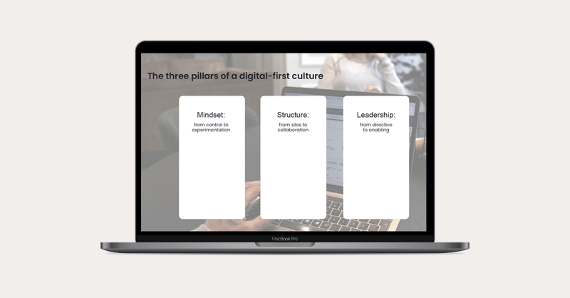 Laptop displaying “three pillars of a digital-first culture”: mindset, structure, and leadership.