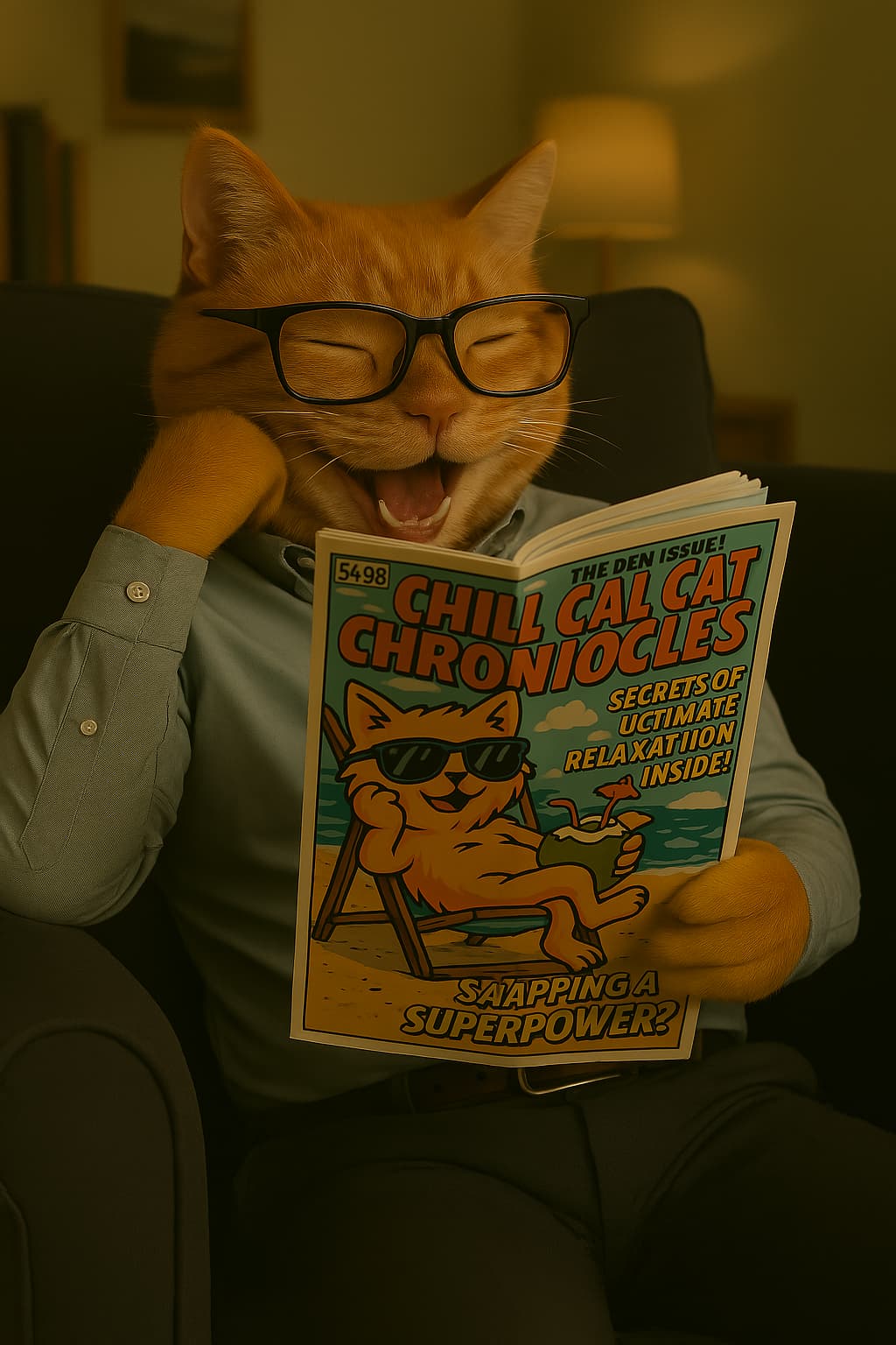 Chat rieur lisant une série de bandes dessinées