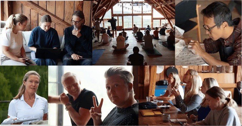 Photo collage from Zooma’s team kick-off, showing colleagues working together, doing yoga, pottery and sharing meals at Sju Sjöar.