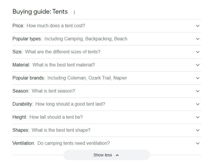 Screenshot showing Google buying guide for the topic "Tents".