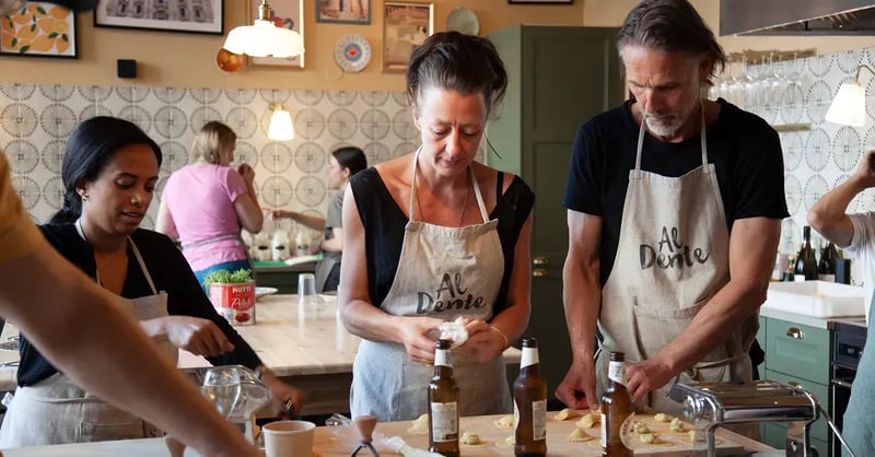 Zooma team making fresh pasta together during the Summer Fun 2026 team event.
