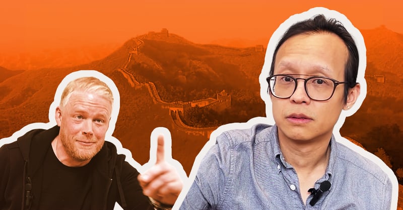 Two men with outlined cutouts in front of an orange-tinted background featuring the Great Wall of China; one man gestures with his finger while the other looks directly at the camera.