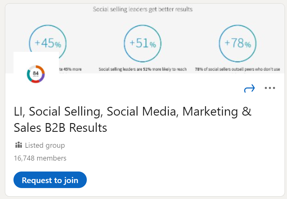 Print screen on a LinkedIn group called LI, Social Selling, Social Media, Marketing and Sales B2B Results